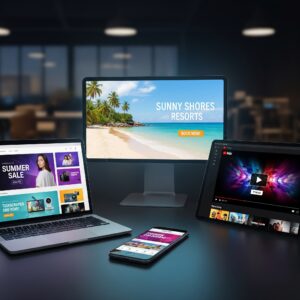 A collage showing digital billboards, website banner ads, and a YouTube pre-roll ad on various devices like a laptop, desktop, tablet, and smartphone.