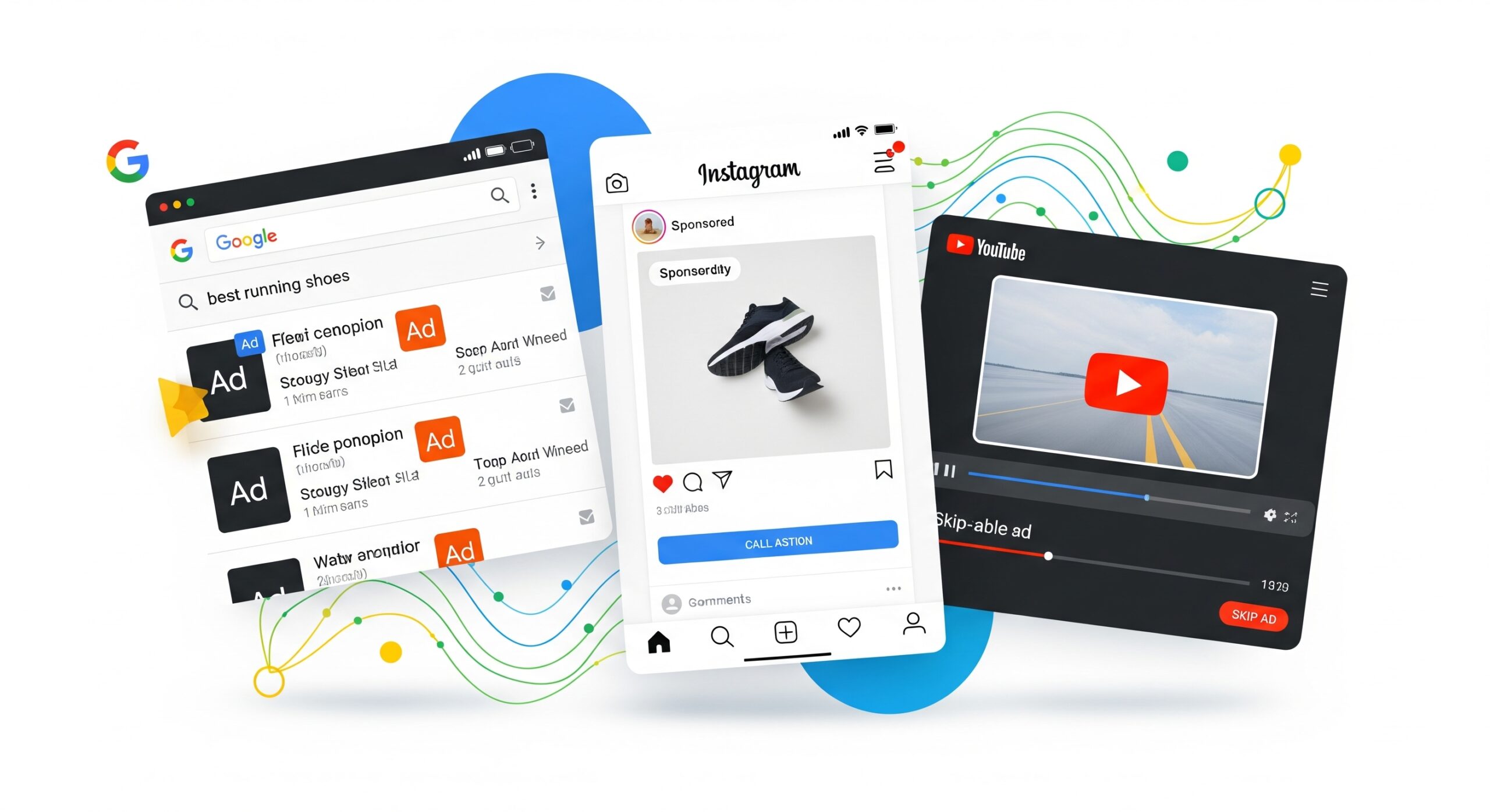 Illustration of ad placements across Google search, Instagram, and YouTube, showing paid ads on each platform.