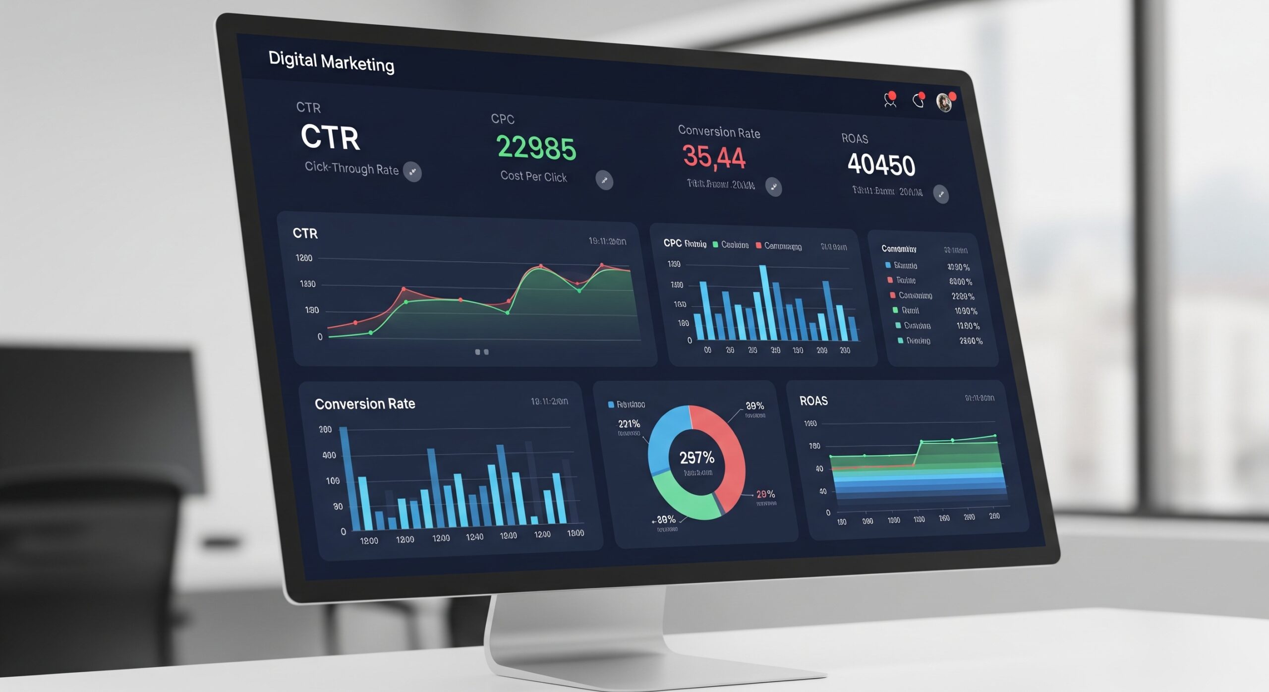 A monitor displaying a digital marketing dashboard with charts and graphs for key metrics like CTR, CPC, Conversion Rate, and ROAS.