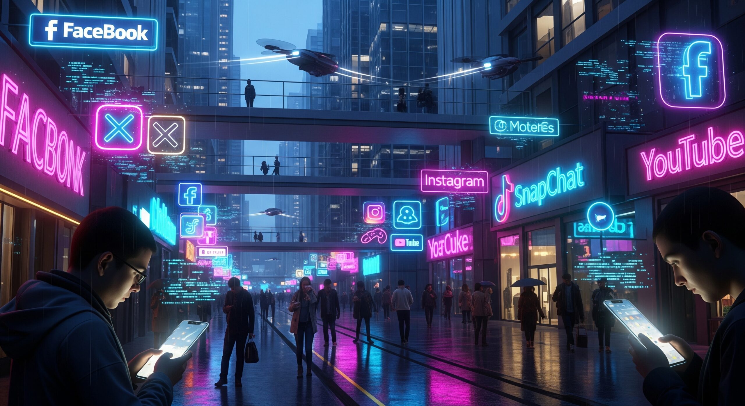 A futuristic city street at night with glowing social media icons as shop signs and people walking while looking at their phones.