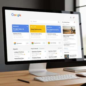 A mockup of a Google search results page showing a search bar and a series of results, with the top results clearly labeled as "Sponsored" ads.