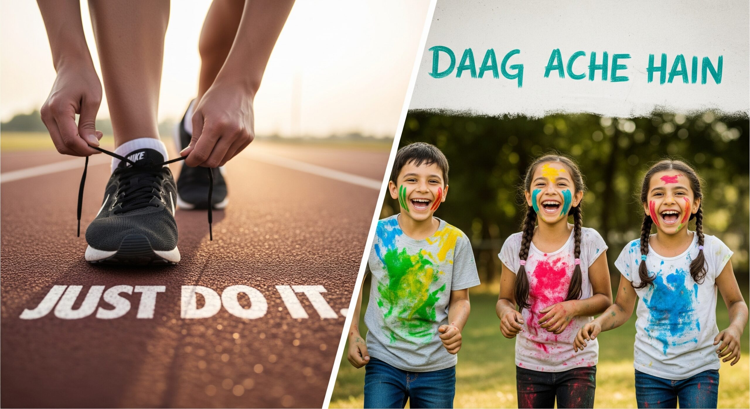 A collage featuring two iconic advertising campaigns: a close-up of a runner tying shoes with a "Just Do It" graphic, and a group of children laughing with colorful paint stains and a "Daag Ache Hain" graphic.