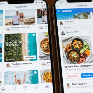 A close-up of a smartphone screen showing sponsored ads seamlessly integrated into Instagram and Facebook feeds, with clear "Sponsored" labels.