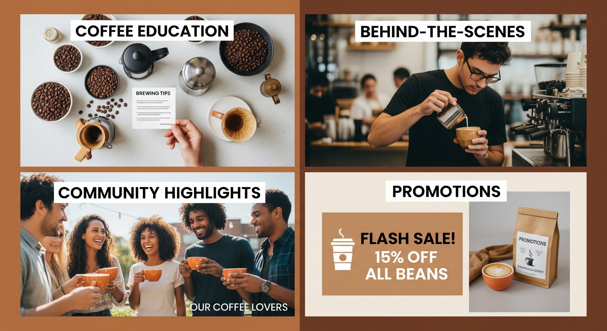 A collage showing four content pillars for a brand: "Coffee Education," "Behind-the-Scenes," "Community Highlights," and "Promotions." Each section has a corresponding image.