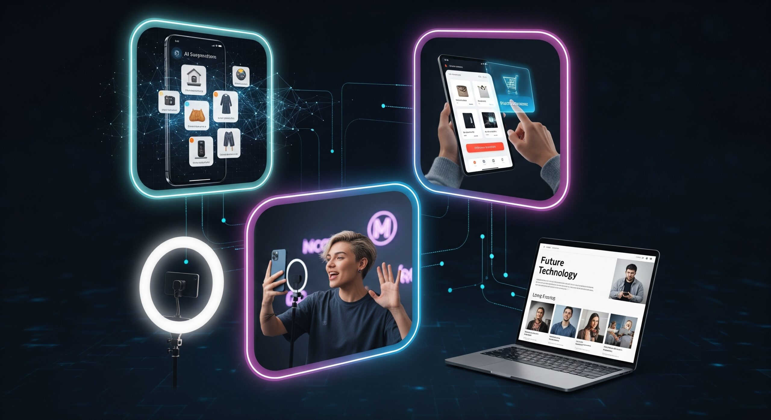 A collage showing AI ad suggestions on a phone, in-app shopping, a micro-influencer with a ring light, and blog content on a laptop, with a futuristic design.
