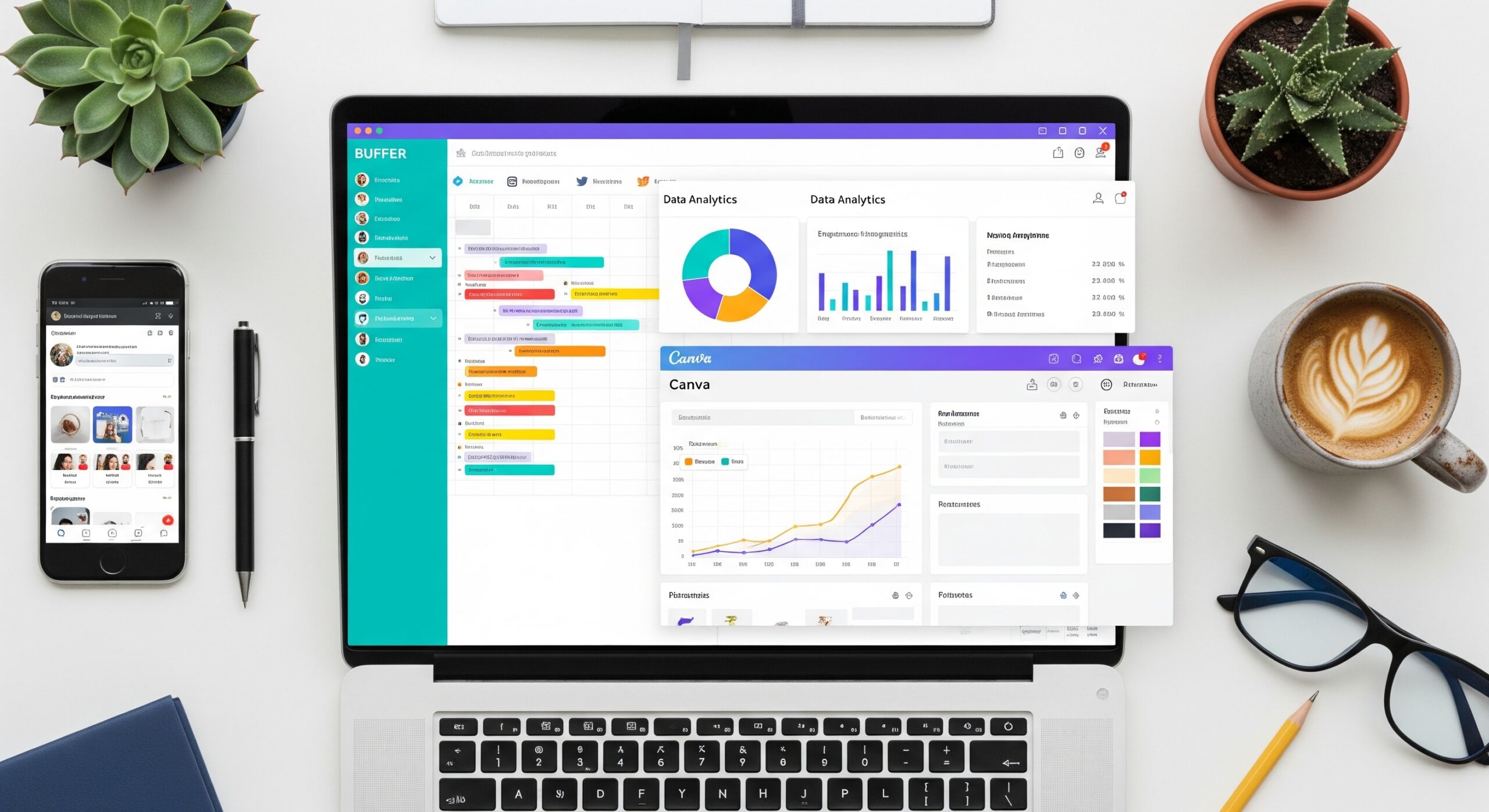 A flat-lay view of a laptop screen displaying a social media content scheduling calendar, colorful data analytics charts, and a graphic design tool interface.