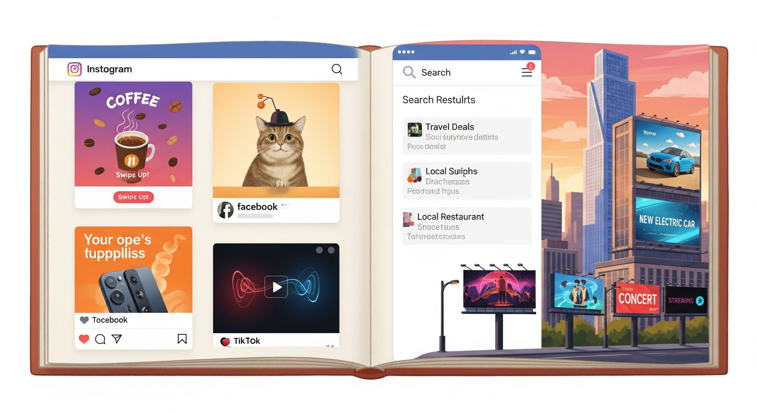 An illustration of a storybook with open pages showing different digital ads, including social media posts, search engine results, and digital billboards, symbolizing campaign chapters.